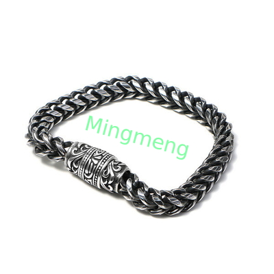 Stainless steel men's bracelet with retro patterned surface cast magnetic buckle design, trendy accessory
