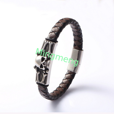 Skeleton Skull Brown Black Leather Creative Personality Stainless Steel Casting Trendy Leather Bracelet European and American Punk Skull Fashion Trendy Clothing Accessories