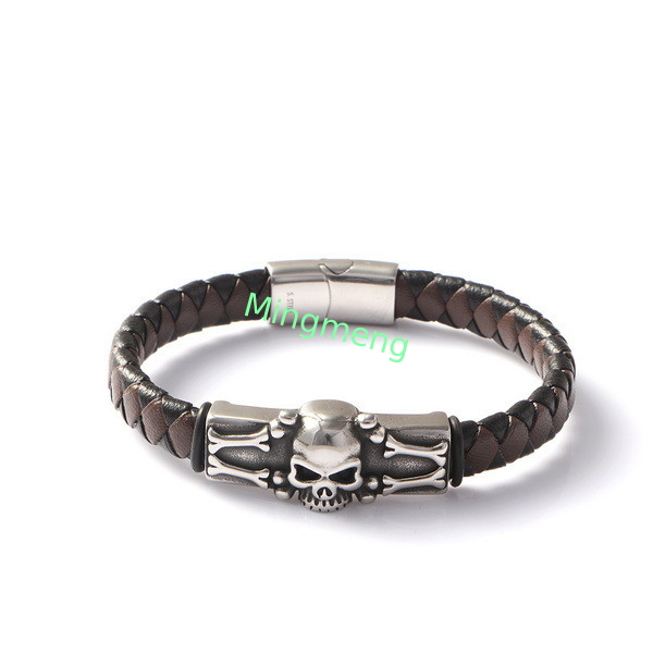 Skeleton Skull Brown Black Leather Creative Personality Stainless Steel Casting Trendy Leather Bracelet European and American Punk Skull Fashion Trendy Clothing Accessories