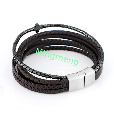 New Stainless Steel Leather Men's Leather Bracelet, European and American Trendy Personalized Versatile Bracelet