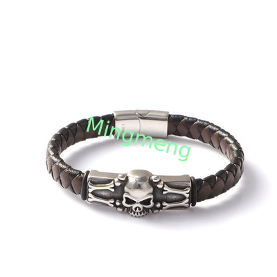 Skeleton Skull Brown Black Leather Creative Personality Stainless Steel Casting Trendy Leather Bracelet European and American Punk Skull Fashion Trendy Clothing Accessories